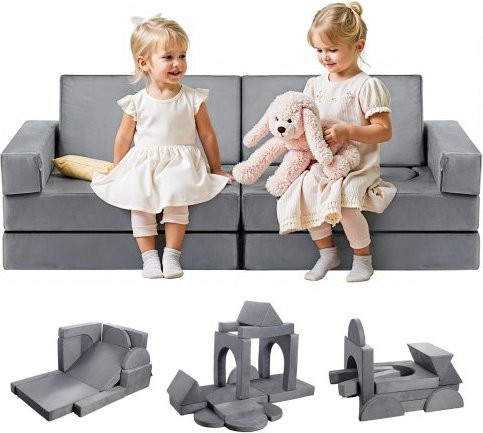 VEVOR Modulare Spielcouch für Kleinkinder, 14-teiliges Anbausofa aus 28D-Schwamm mit Kurzflor-Bezug, Grau - Bild 1