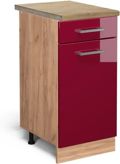 Vicco Küchenunterschrank R-Line in Bordeaux Hochglanz und Goldkraft Eiche, B: 40 cm, H: 81,6 cm, T: 60 cm - Bild 1