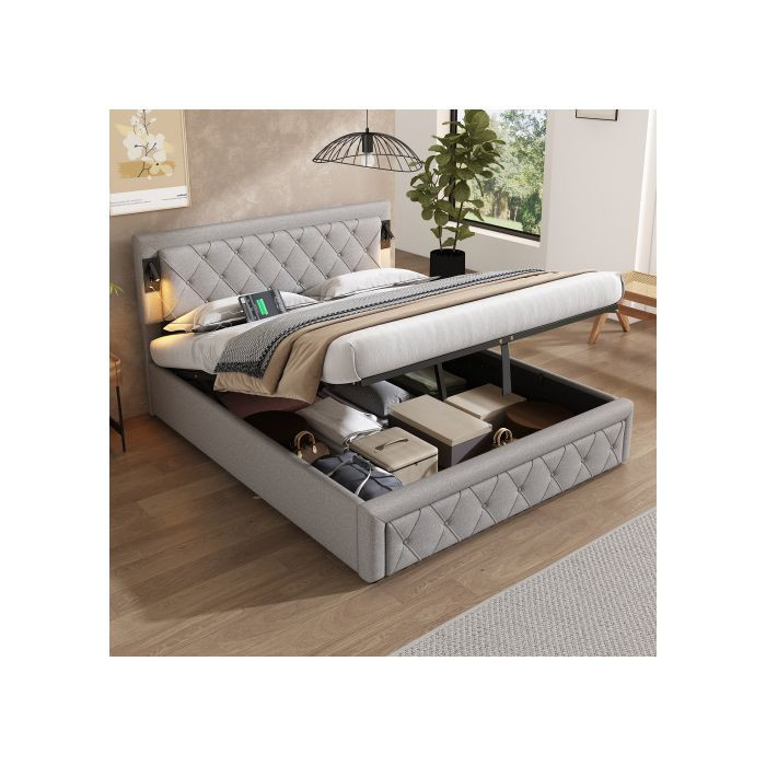 Gepolstertes Bett MUVOE in Grau mit Leinen-Kopfteil, Downlights und USB-Anschluss, B: 160 cm, L: 200 cm - Bild 2