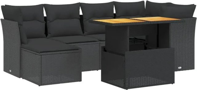 vidaXL 7-teilige Garten-Sofagarnitur aus Poly-Rattan und Akazienholz in Schwarz mit Kissen - Bild 1
