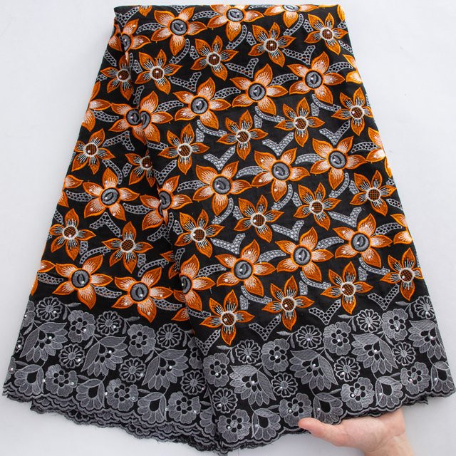Caleefun Afrikanischer Schweizer Voile-Spitzenstoff in Schwarz-Orange mit Blumenstickerei und Steinen aus Baumwolle - Bild 1