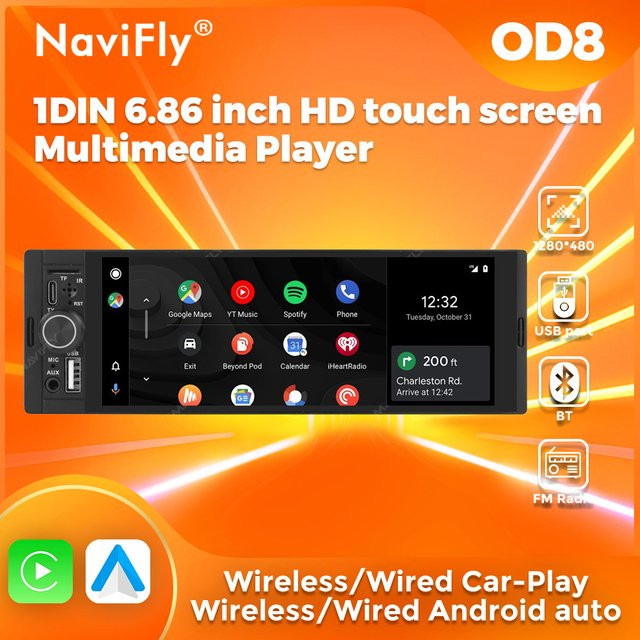 NaviFly 1Din Multimedia Autoradio mit 6,86 Zoll Display, MP5, FM Radio und Bluetooth, Wireless und Wired Carplay sowie Android Auto, Schwarz - Bild 1