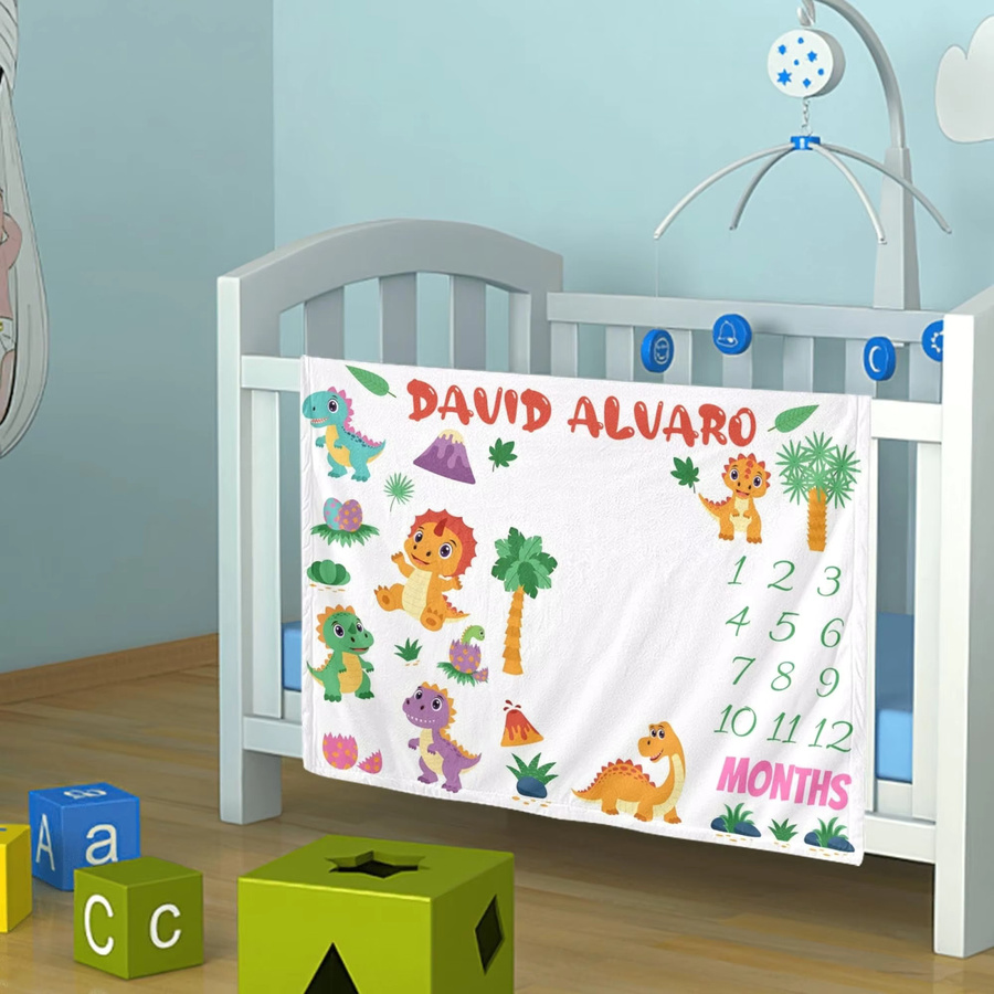 VIKAMA Baby-Meilenstein-Decke mit Dinosaurier-Motiv und Vulkan-Design zur monatlichen Wachstumsdokumentation für Neugeborene - Bild 2