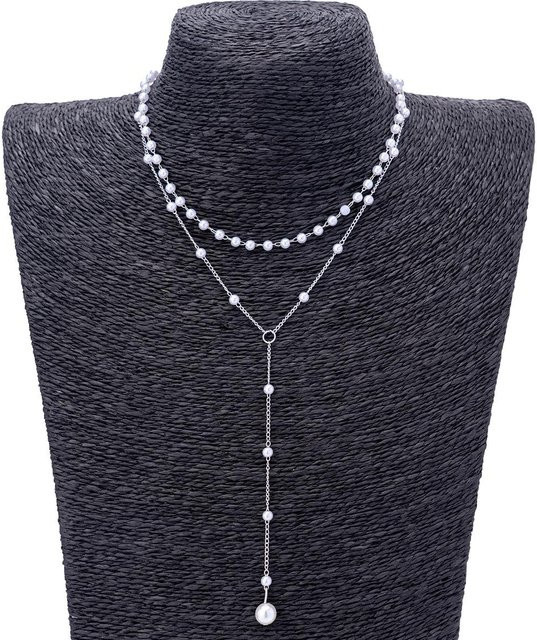 Halskette Y-Form, Kunstperlen, Quastenanhänger, Eisenkette, silber, Unisex - Bild 1