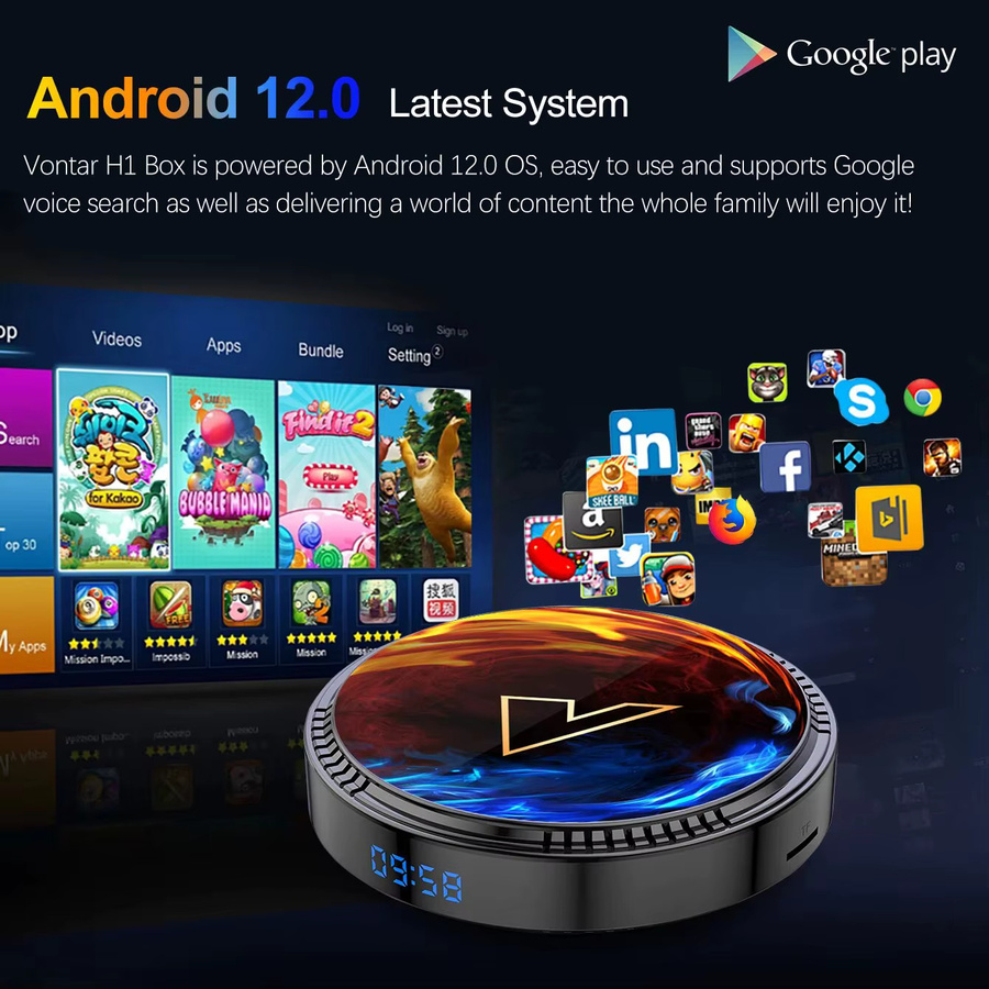 VONTAR H1 Android 12.0 TV-Box Media Streamer in Schwarz mit Allwinner H618 Quad-Core Cortex A53, 8K-Video Unterstützung, Bluetooth 5.0 und Wi-Fi 6 - Bild 2