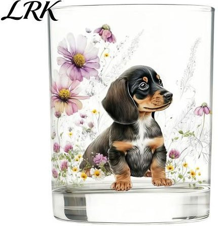 Handbemalter Dackel-Tumbler aus Glas mit floralem Design von ShadowWalker, transparentes Whiskyglas für deine Hausbar