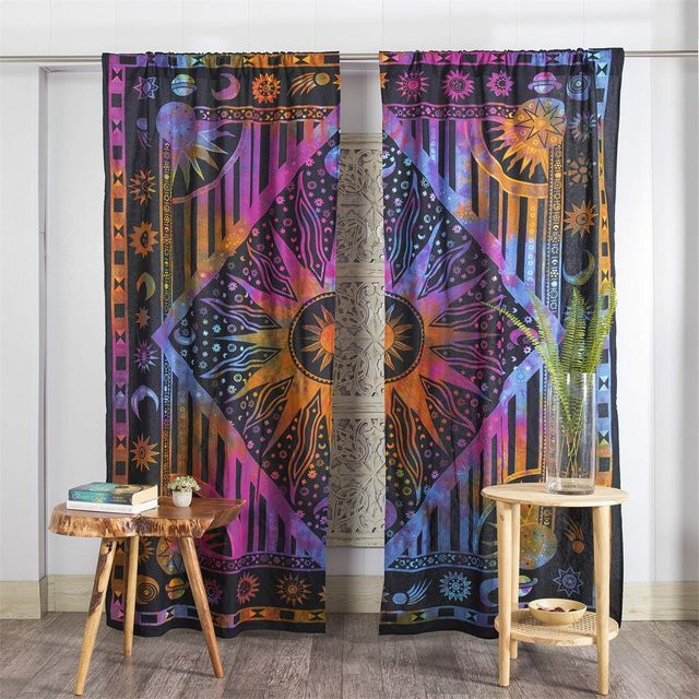 Indische Vorhänge im Mandala-Sonnenform-Design im Boho-Stil, 2er-Set halbtransparente Dekorschals mit Ösen, B/H: 50 x 60 cm, Mehrfarbig - Bild 1