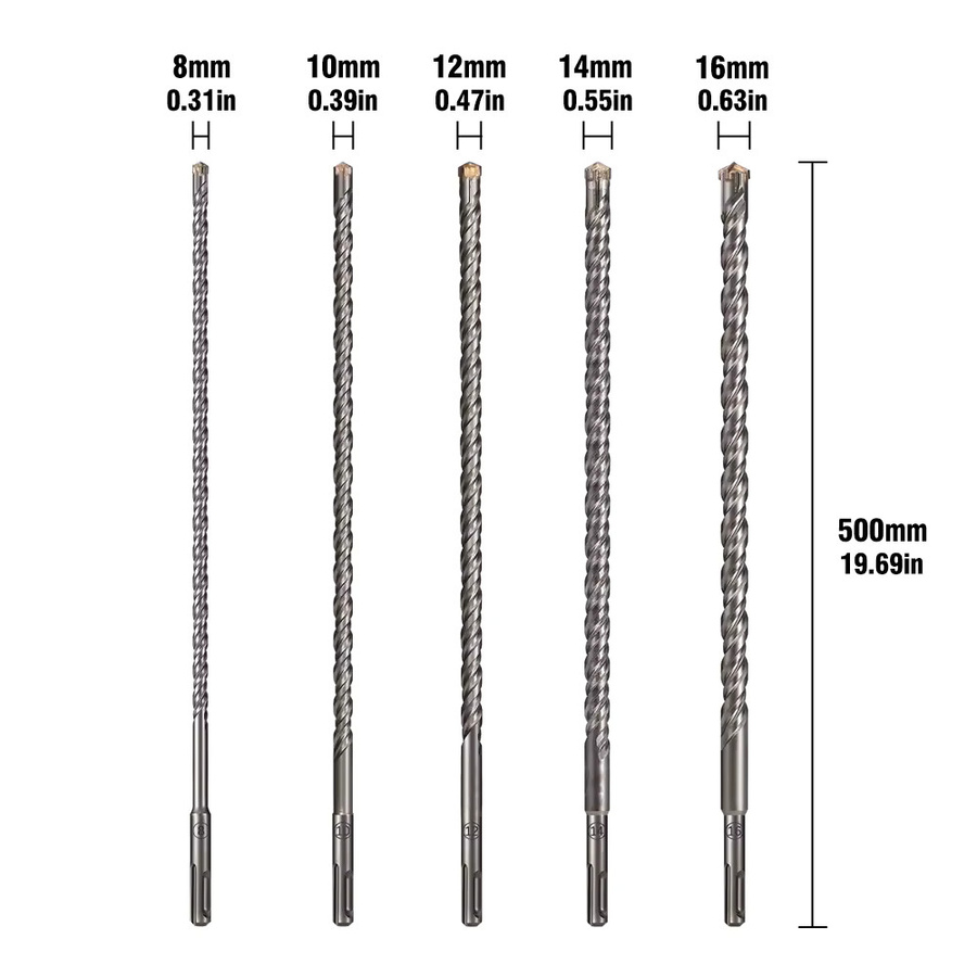 SHENSEN SDS Plus Kreuzspitzen-Bohrer Set in Silber, verlängert mit 500 mm Länge, Schlagbohrer für Ziegel, Beton und Marmor, Durchmesser 8-16 mm - Bild 2