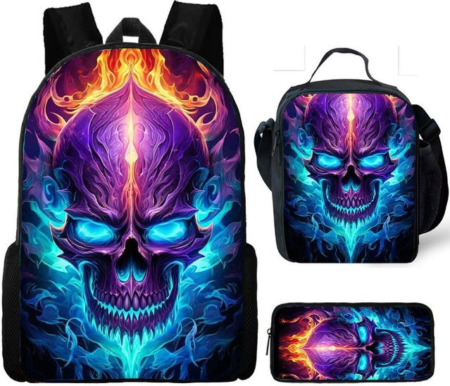 Dreiteiliges Schulrucksack-Set mit Totenkopf-Print inklusive Brotdose und Federmäppchen in Mehrfarbig - Bild 1