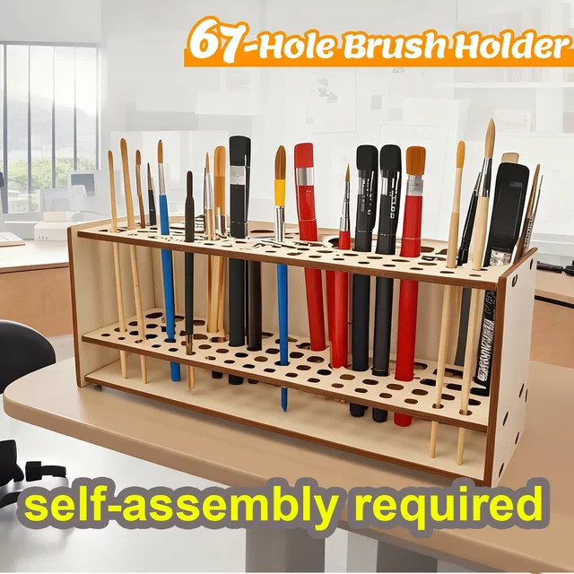 Holz Stift und Pinselhalter Organizer in Braun mit 67 bis 71 Löchern für Künstler und Studenten - Bild 1