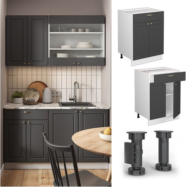 Vicco Küchenunterschrank Fame-Line Landhaus Weiß Anthrazit Gold mit Schublade und Drehtür Breite: 60 cm - Bild 1