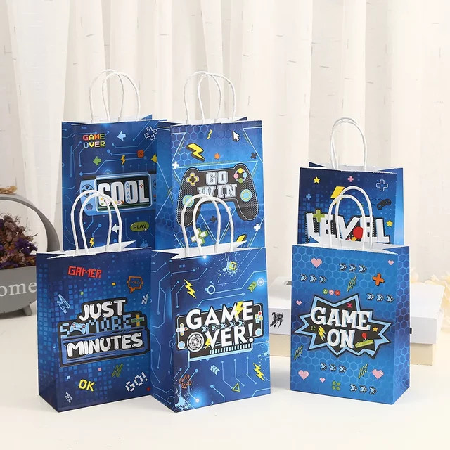6 Stück Videospiel Geschenkverpackungstaschen aus Papier im Game Over Design für Kinder und Jungen, Blau - Bild 1