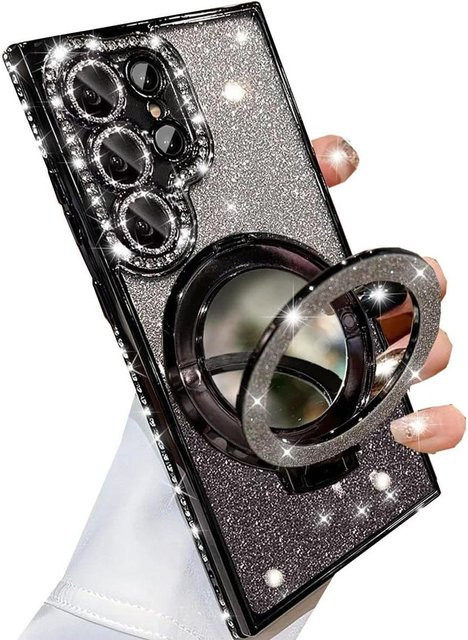 Glitzer Spiegel Diamant Handyhülle mit magnetischer Halterung für Samsung Galaxy S26 Plus S25 S24 Ultra S23 FE S22 A55 A36 A35 A16 in Schwarz - Bild 1