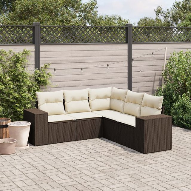 vidaXL 5-tlg. Garten-Sofagarnitur in L-Form aus Polyrattan mit Kissen, Braun - Bild 3