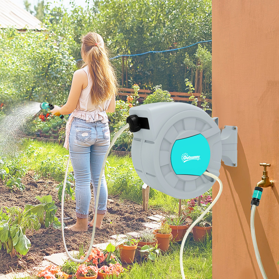 Outsunny Schlauchtrommel mit 30m Gartenschlauch, Wandmontage, automatische Aufrollung und 7-Funktionen Handbrause, Grün-Grau - Bild 2