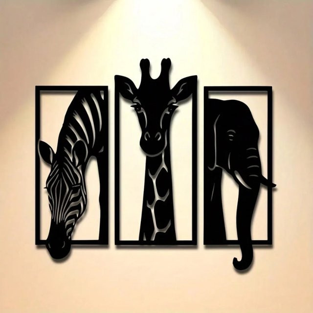 CIFBUY Wandkunst aus Metall im 3-teiligen Set mit Elefant, Giraffe und Zebra in Schwarz für den Innen- und Außenbereich - Bild 1