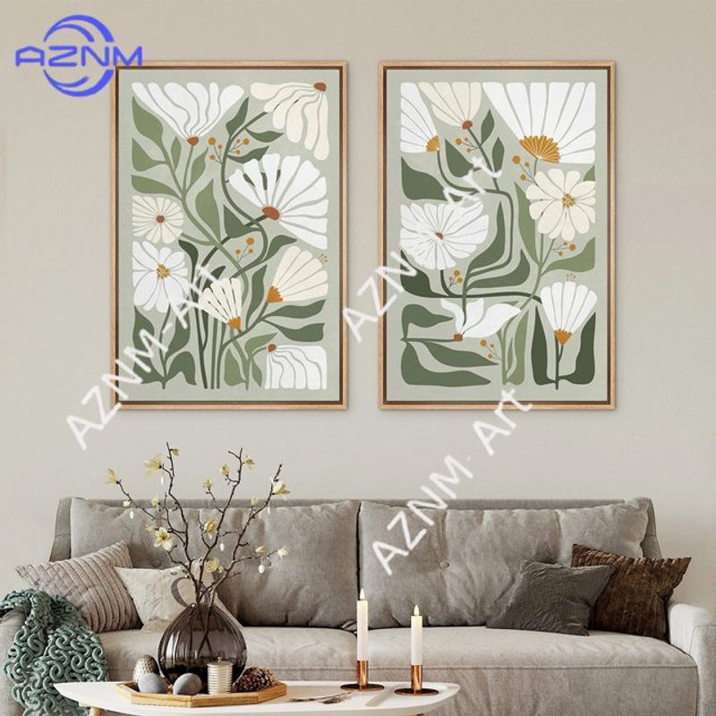 Potdemiel Leinwand-Wandkunst Abstrakt Grüner Botanischer Blumendruck im Boho-Stil für deine Wohnzimmer-Dekoration - Bild 1