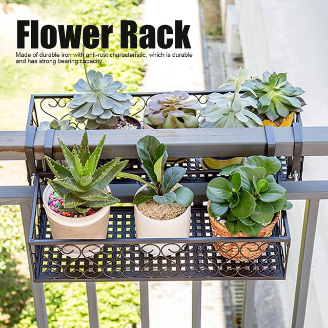 Qiilu Balkon Blumenregal aus Eisen in Schwarz zur Aufhängung am Geländer, B/T/H: 50,0 x 20,0 x 12,0 cm - Bild 1