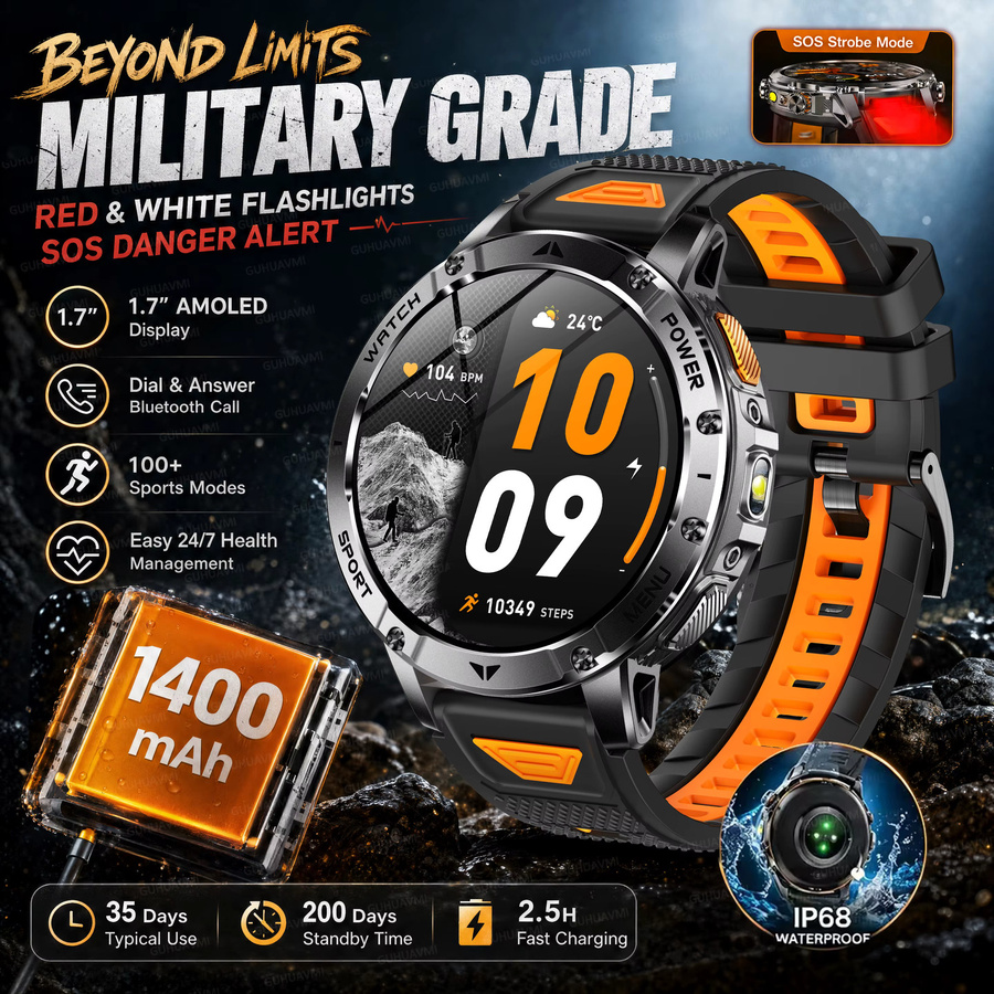 GUHUAVMI Taktische Sport-Smartwatch mit 1,7 Zoll Display, 1400mAh Akku, Herzfrequenzmessung, Taschenlampe und 5ATM Wasserdichtigkeit, Schwarz-Orange - Bild 5