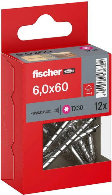 Fischer PowerFast II A2 Senkkopf TX Teilgewinde Schraube aus Edelstahl in Silber, Durchmesser: 6 mm, Länge: 60 mm, 12 Stück - Bild 1