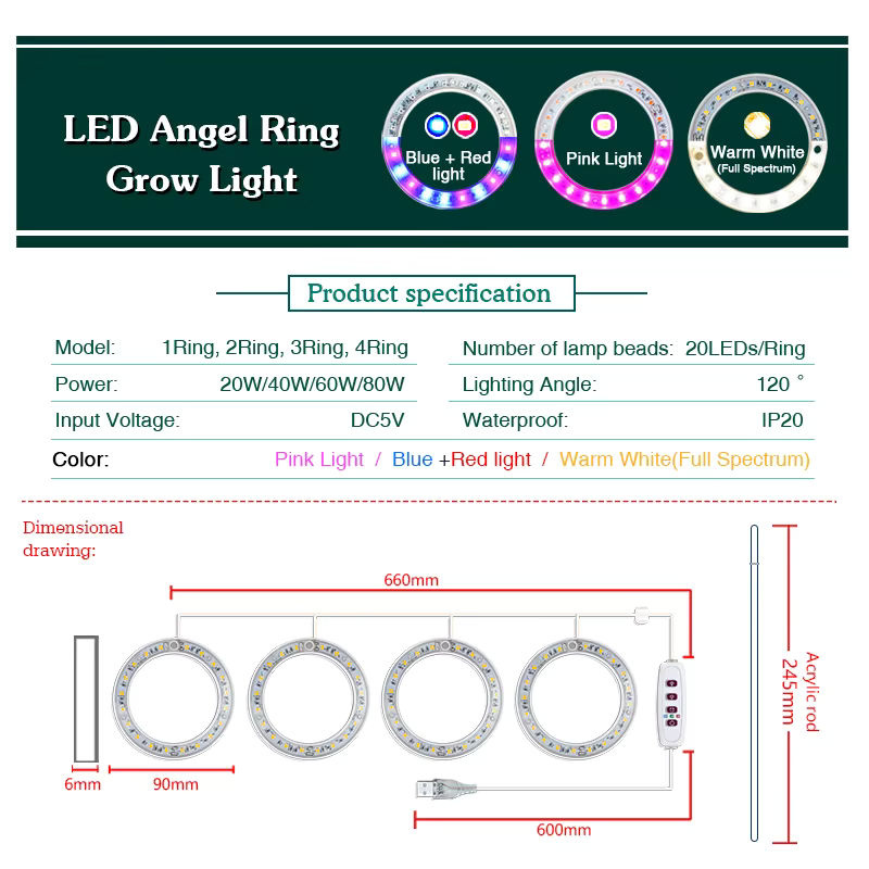 Antenso LED-Vollspektrum-Pflanzenwachstumslicht mit USB-Anschluss, höhenverstellbar, dimmbar und Timer in Weiß - Bild 4