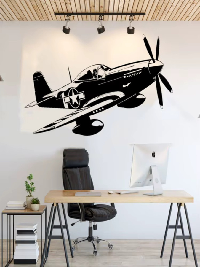 WILOWHKY P-51 Kampfflugzeug Silhouette Wandtattoo in Grau und Schwarz als Vinyl Aufkleber für Zimmer und Auto - Bild 2