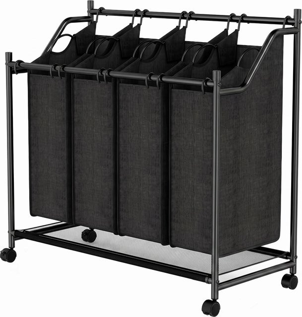 HOMCOM Wäschekorb aus Bambus mit 4 Fächern und Rollen, Schwarz, B/T/H: 86 x 38 x 82 cm - Bild 1