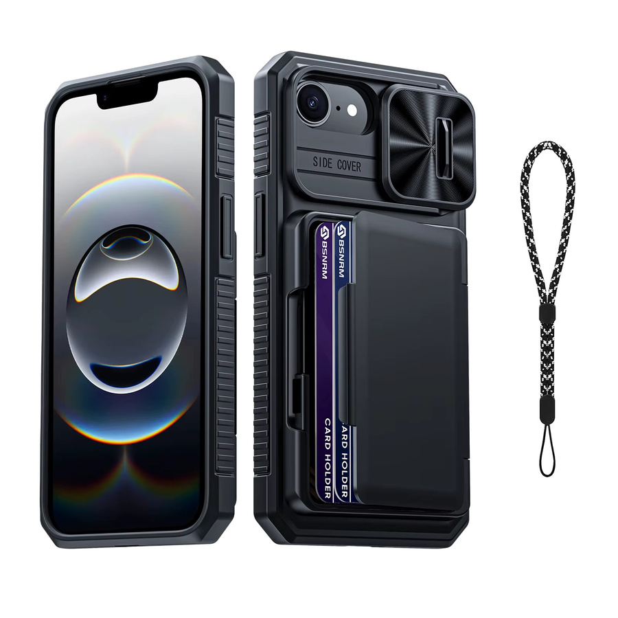 BANGZAO Schutzhülle für iPhone 16E mit Kartenhalter und Kamerabdeckung, robuste stoßfeste Silikon-Vollkörper-Schutzhülle, Schwarz - Bild 7