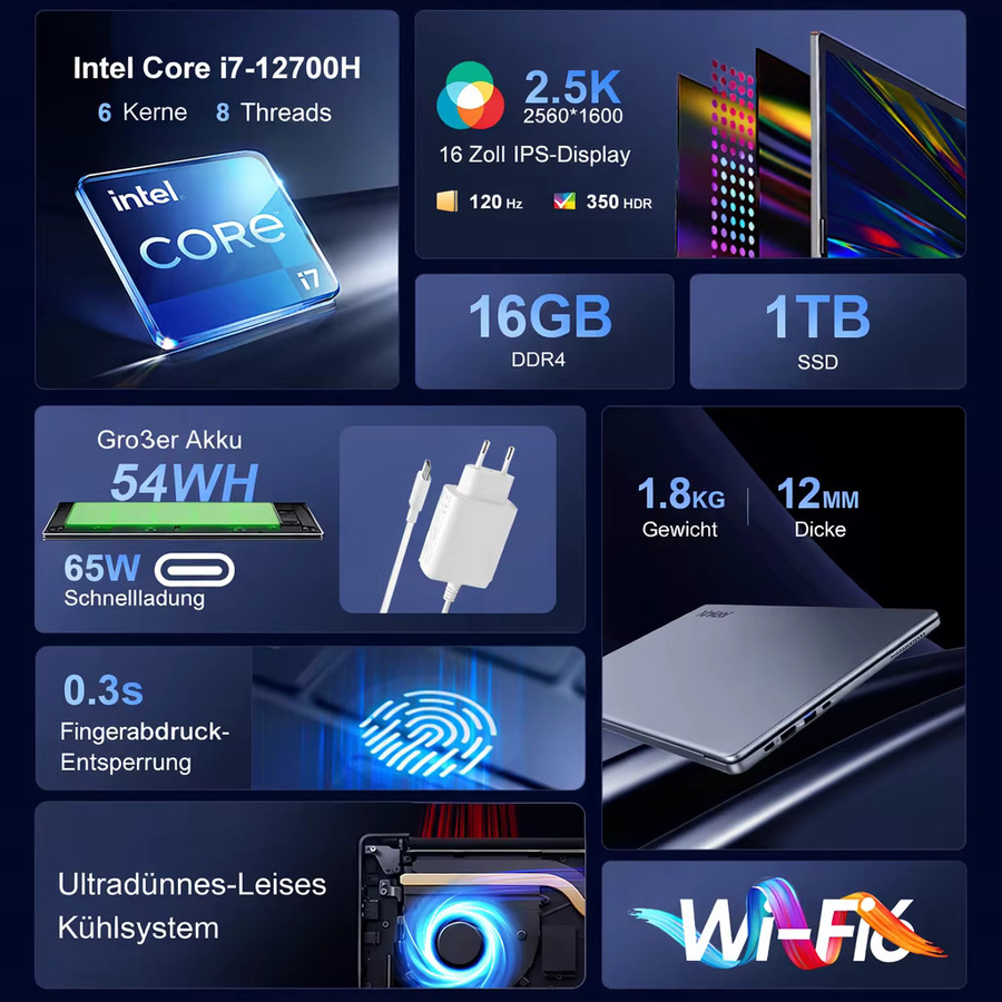 Ninkear N16 Pro Gaming Business Notebook mit 16 Zoll 2.5K 120Hz IPS Display, Intel Core i7-12700H, 16GB RAM, 1TB SSD und Windows 11 - Bild 2