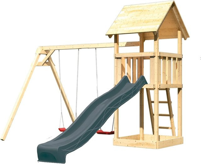 Karibu Spielturm Lotti mit Satteldach, Rutsche und Doppelschaukel in Natur-Anthrazit, B/H/T: 200 x 345 x 200 cm - Bild 1