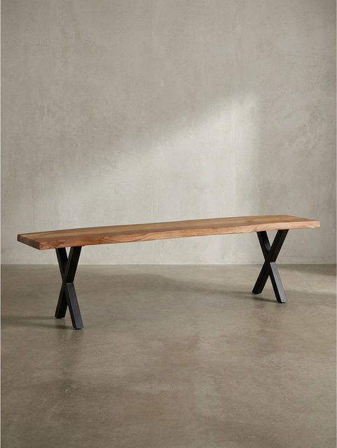 KADIMA DESIGN Esszimmerbank aus Akazie Massivholz und Metall in Braun mit Baumkante und X-Beinen, B/T/H: 140 x 40 x 46 cm - Bild 1