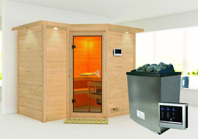 Karibu Massivholzsauna SAHIB 2 aus Fichte und Espe mit 9,0 kW Ofen, Steuergerät, Dachkranz und bronzierter Ganzglastür, Farbe Braun, B/T/H: 236 x 184 x 212 cm - Bild 1