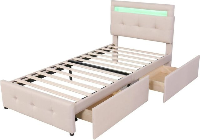 Merax Polsterbett mit LED-Unterbettbeleuchtung und Schubladen in Beige, B/T: 90 x 200 cm - Bild 1