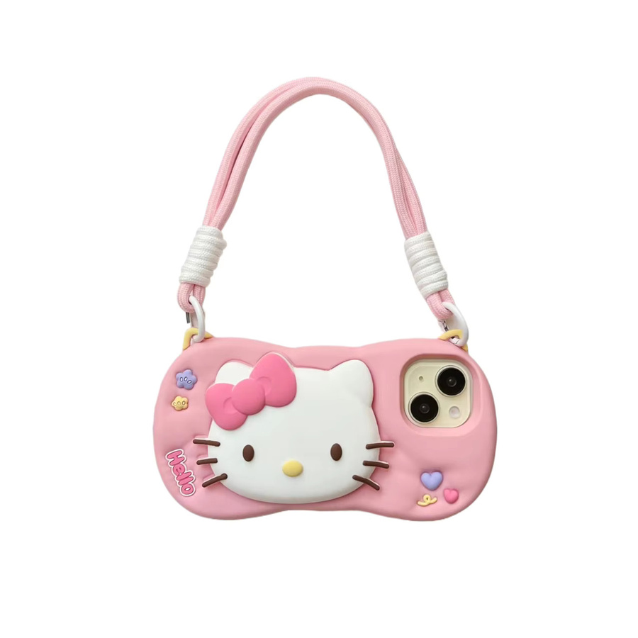 Sanrio Hello Kitty Handyhülle aus weichem Silikon mit 3D-Kopfgriff und Umhängeband für iPhone 12 bis iPhone 17 Pro Max, Farbe: Pink - Bild 4
