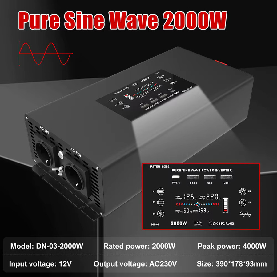DATOUBOSS 2000W 12V Reiner Sinus-Wechselrichter auf 220V AC Konverter mit LCD-Anzeige, USB und Fernbedienung, Schwarz - Bild 2