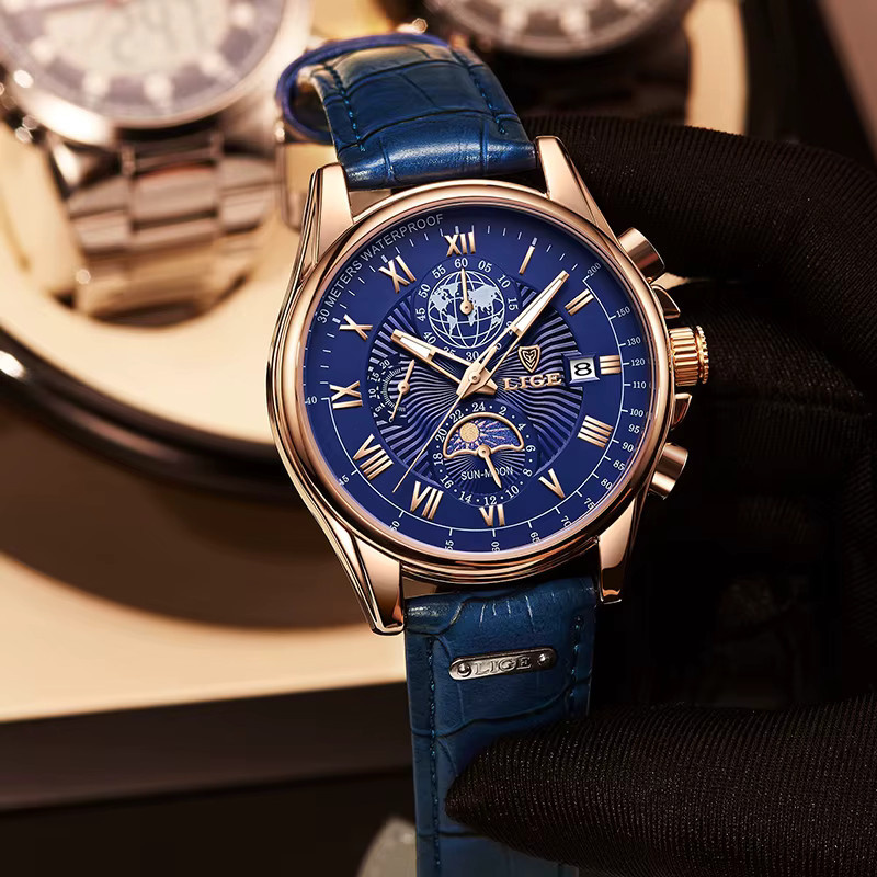 LIGE Armbanduhr Chronograph, Quarz, Edelstahl, Blau, Herren - Bild 2