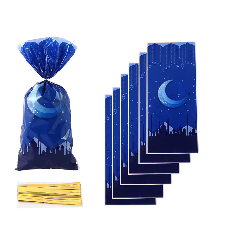 50 Stück Eid Al Adha Geschenktüten aus Kunststoff mit Mond, Stern und Schloss Muster für Ramadan Kareem Dekorationen und muslimische Partys - Bild 2