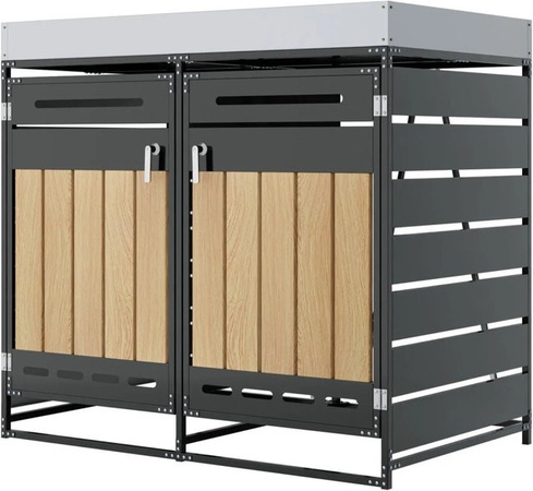 PXloue Mülltonnenbox 2er-Set mit Pflanzkasten in Grau und vertikaler Holzmaserung aus Metall