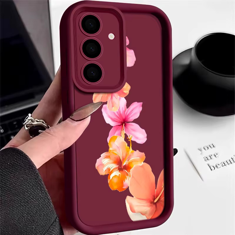 Rosa Hibiskus-Blumen-Handyhülle für Samsung Galaxy S25 S24 S23 S22 Ultra Plus FE A56 A55 A54 A36 A16 A15 5G Soft Cover in Pink, Beige und Weiß - Bild 3
