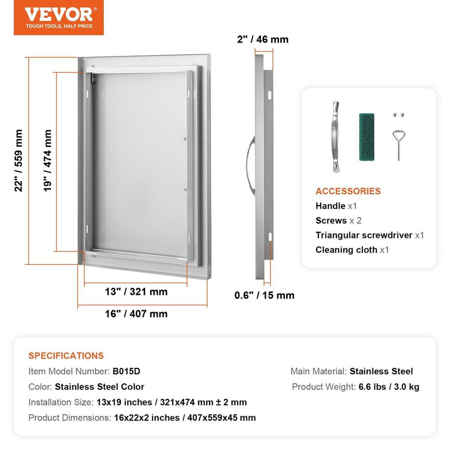 Buying Solutions MB BBQ-Zugangstür aus Edelstahl in Silber, bündig einbaubare vertikale Außentür für deine Außenküche und BBQ-Insel, B/H: 40,7 x 55,9 cm - Bild 2