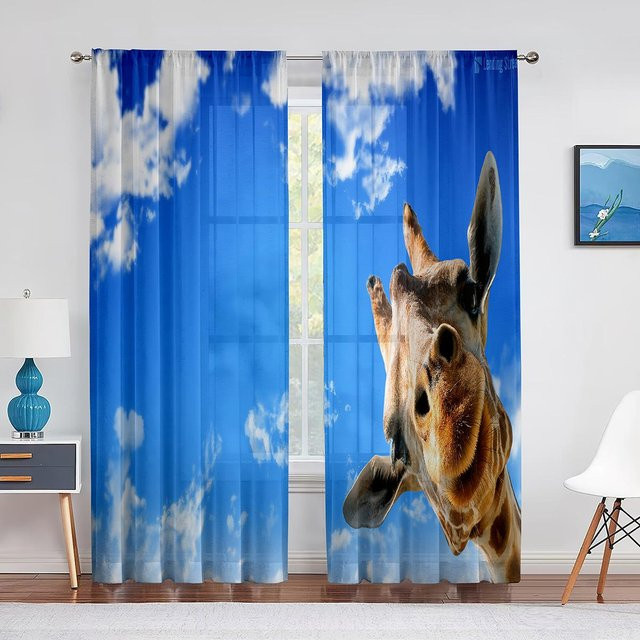 Super Six Voile-Vorhang mit Tier-Motiv Giraffen und Zebras, Blau Transparent, Breite: 100 cm, Höhe: 250 cm - Bild 1
