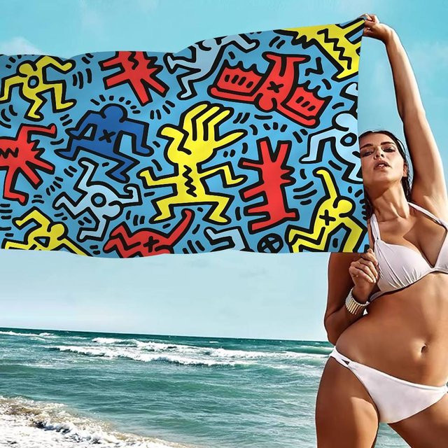 K-Keith Art Haring Strandtuch für Mädchen, buntes Mikrofaser-Handtuch, schnelltrocknend und sandfrei, B/H: 30 x 60 cm - Bild 1