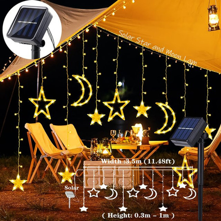 Solar Stern und Mond Vorhang Lichterkette in Warmweiß mit 8 Modi für Dekoration bei Weihnachten, Partys oder Festen