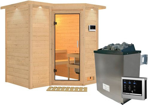 Karibu Sauna Riga 1 aus Fichtenholz mit 9 kW Saunaofen und externer Steuerung für 3 Personen, beige, B/T/H: 221 x 198 x 212 cm - Bild 1