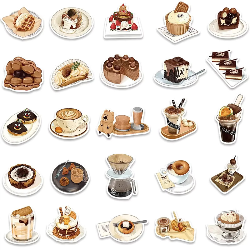 50 Stück Vintage Kaffee und Cupcake Dessert Aufkleber, wasserfeste Vinyl-Sticker in Multicolour für Wasserflaschen, Laptops und Spielzeug - Bild 3