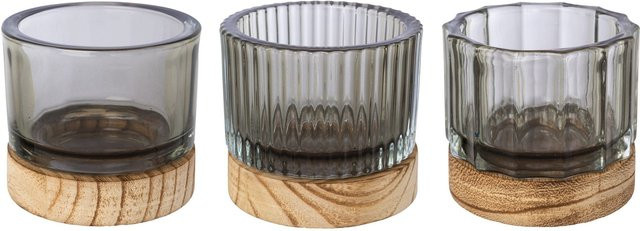 Teelichthalter LIMANO GASPER aus Glas und Holz in Braun und Grau, rund und modern - Bild 1