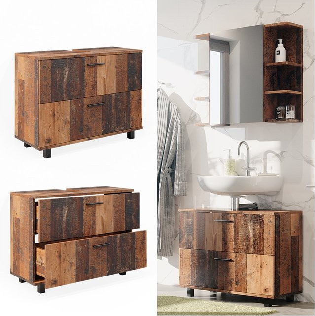 Vicco Waschtischunterschrank Ilias Old Style in Eiche Brown mit 2 Schubladen, B/T/H: 80 x 61 x 23,55 cm - Bild 1
