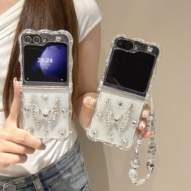Süße Liebe Schmetterling Handyhülle für Samsung Galaxy Z Flip 3 4 5 6 7, stoßfeste Wellenabdeckung mit Lanyard in Transparent - Bild 1