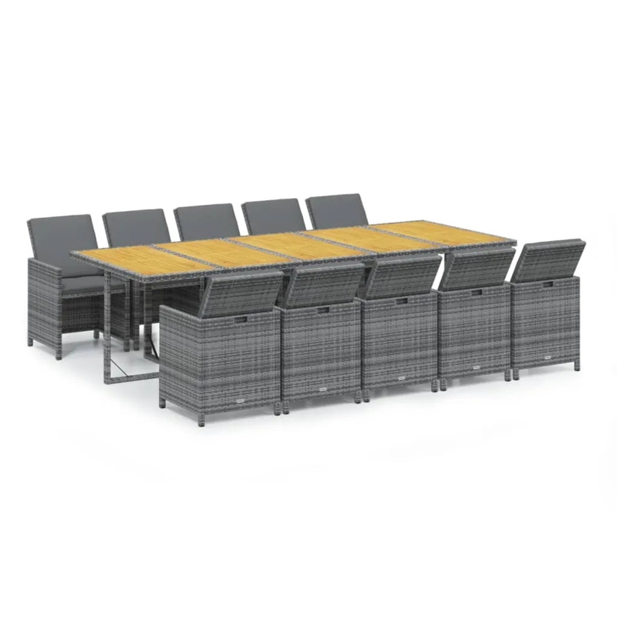 vidaXL 11-teilige Garten-Essgruppe aus Poly Rattan und Akazienholz in Grau mit Auflagen - Bild 2
