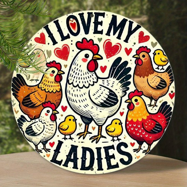 Potdemiel Wandkunstdekoration I Love My Ladies aus Metall, runde Vintage Hühner und Küken Wanddekoration, Mehrfarbig, Durchmesser: 20 cm - Bild 1